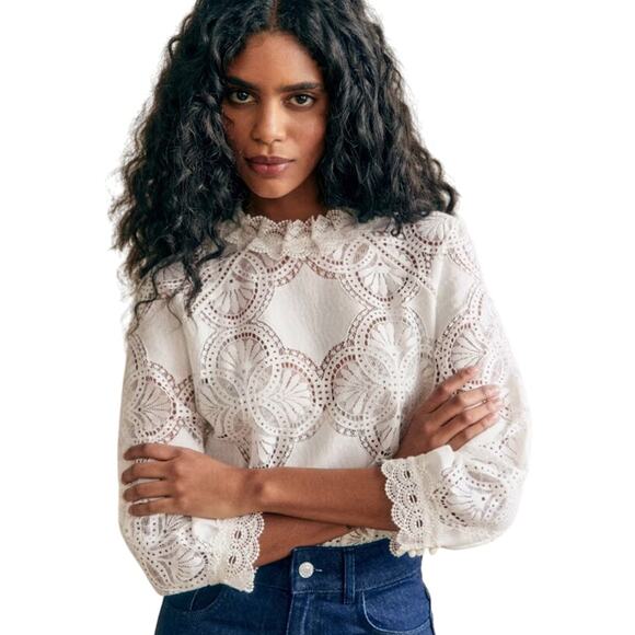 Sezane Tops - Sezane White Bianca 3/4 Sleeve Lace Blouse Size 40 Large
